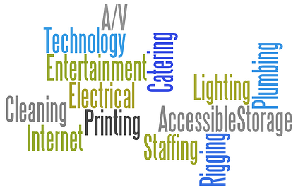 Catering, Electrical, Internet, Plumbing, Lighting, Rigging, Printing, Staffing, Accessible Storage, Information Technology, A/V, cleaning, entertainment